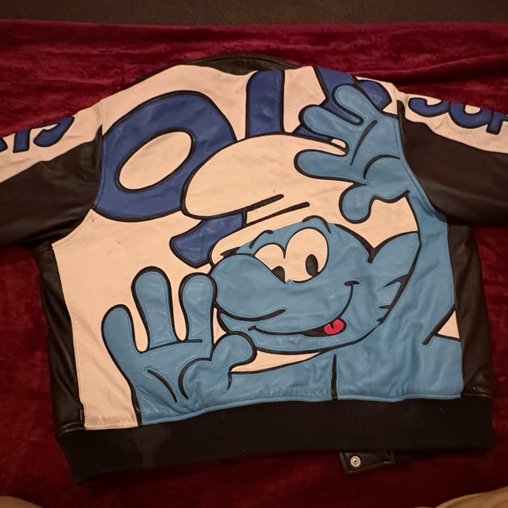 SUPREME / SMURF COLLAB LEATHER VARSITY JACKET